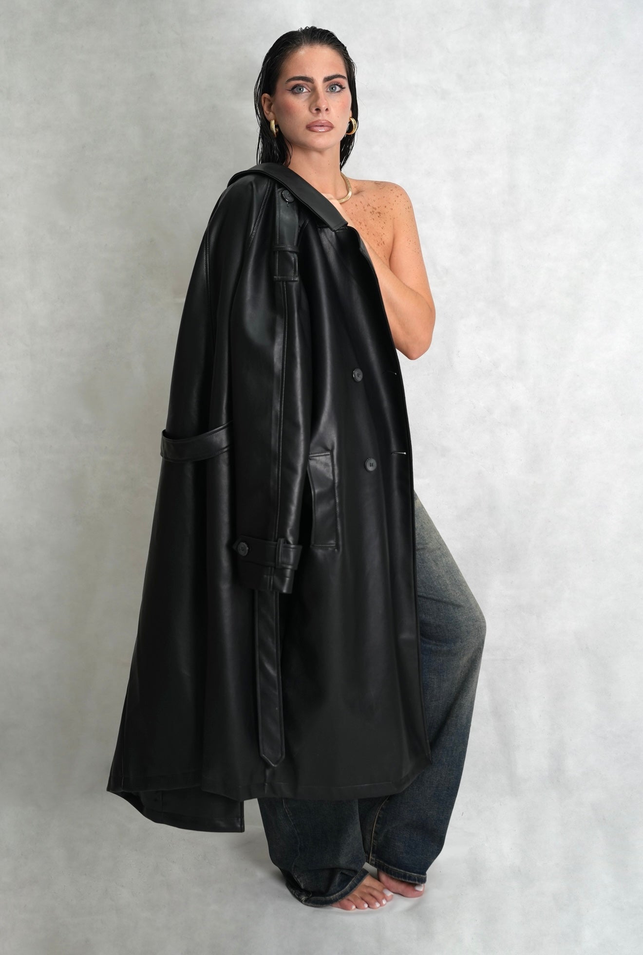 Cappotto trench ecopelle nero