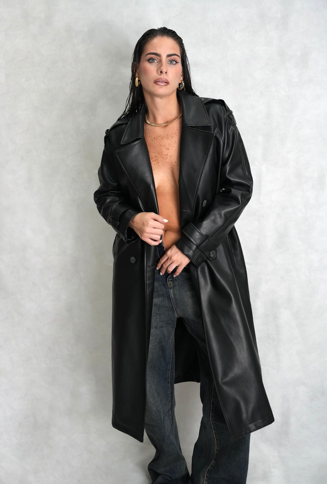 Cappotto trench ecopelle nero